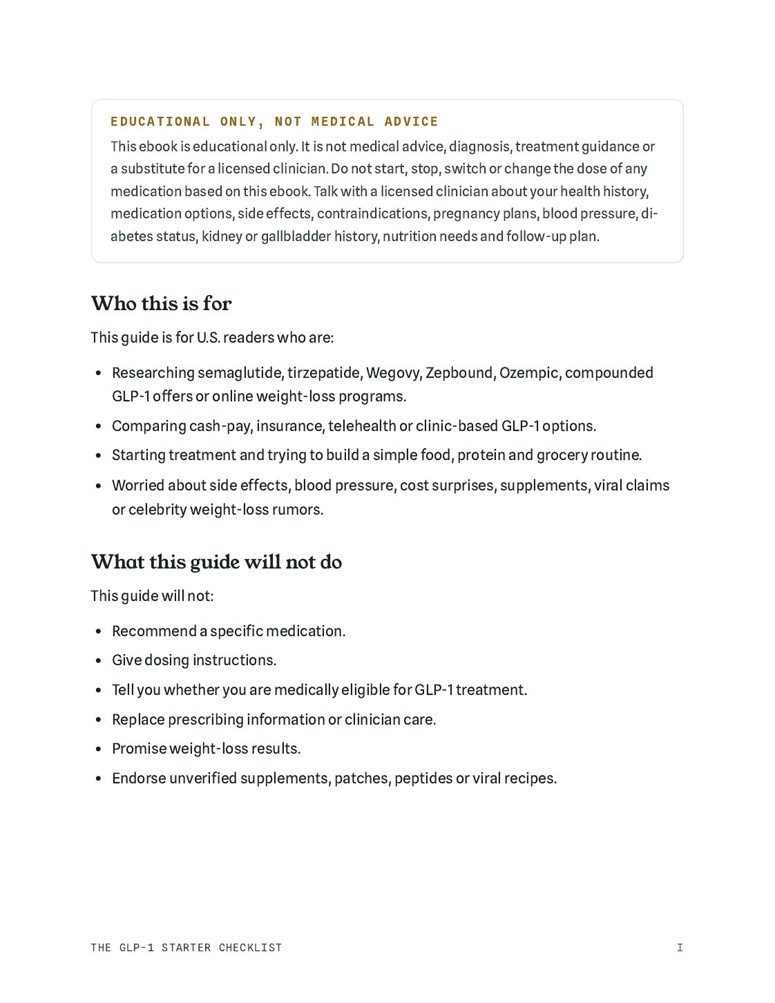 Preview page explaining who The GLP-1 Starter Checklist is for.
