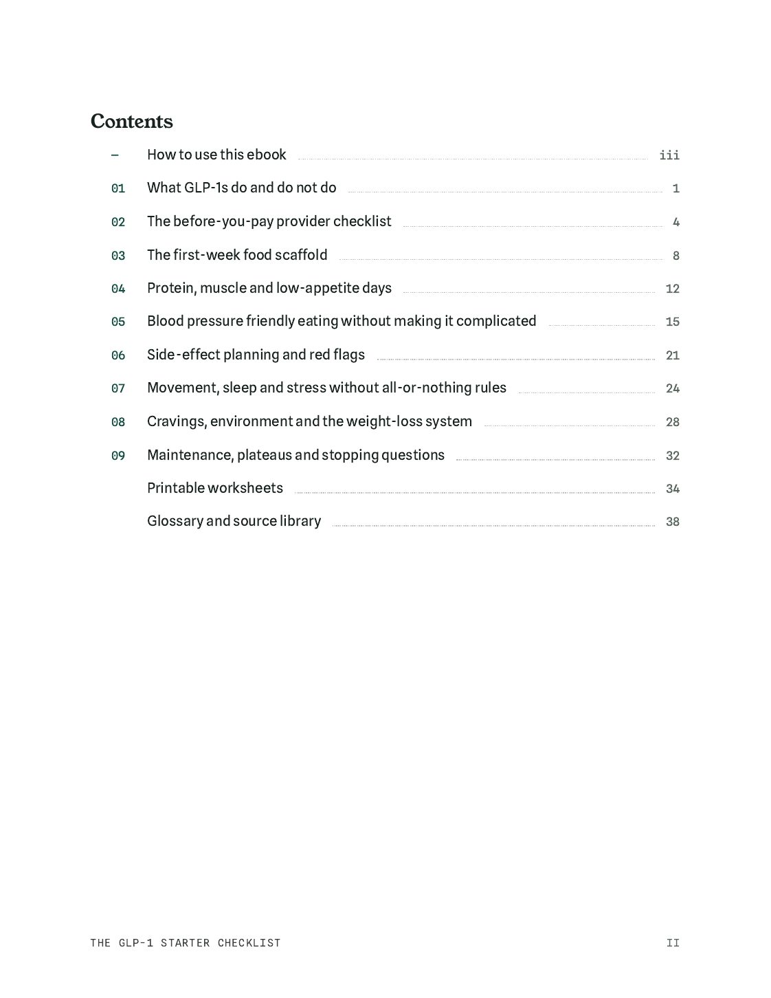 Preview page showing the table of contents for The GLP-1 Starter Checklist.