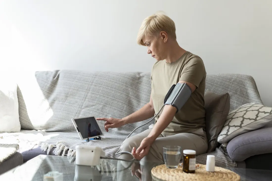 Home blood-pressure monitor with an upper-arm cuff.