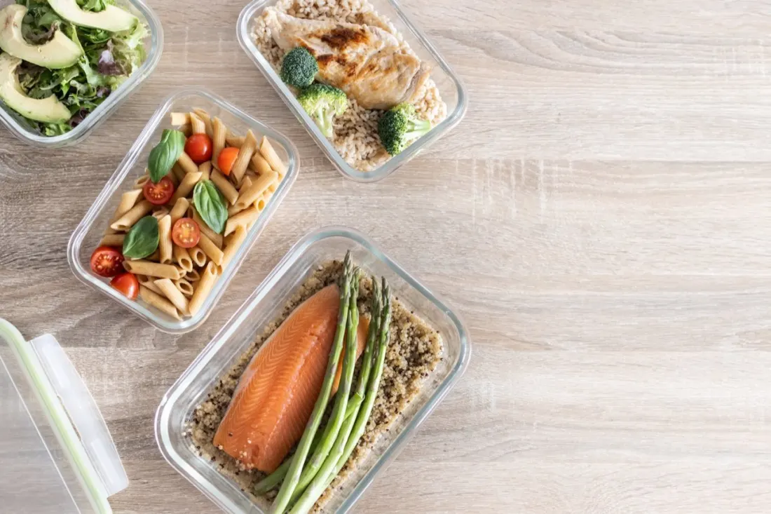 Prepared containers with simple protein-forward meals.
